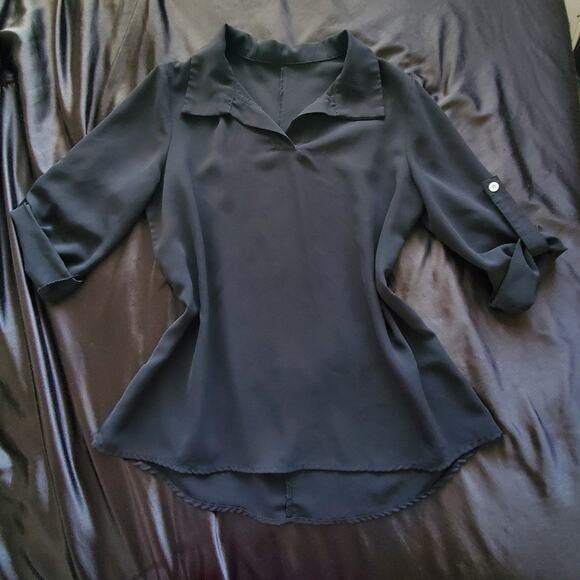 Black office shirt minimalist rolled up sleeve long folded collar folded shirt - Picture 1 of 1